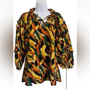 Umgee USA Black Size M Multicolor Brushstroke Tie-Neck Ruffles Peasant Top NEW